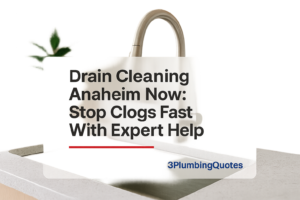 Bold text in clean design over a kitchen background, featuring plumbing keywords. 3PlumbingQuotes.