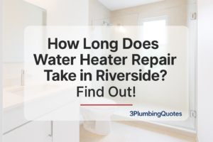 Headline on a frosted panel over a vibrant bathroom scene, showcasing 3PlumbingQuotes.