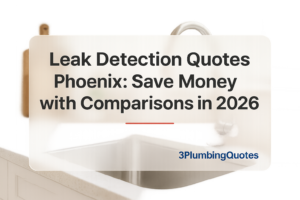 BOLD text design over a bright kitchen scene, featuring plumbing tips for homeowners, 3PlumbingQuotes.