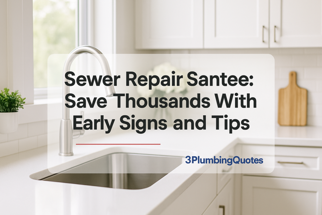 Bold typography design over a bright kitchen photo showcasing plumbing elements. 3PlumbingQuotes.