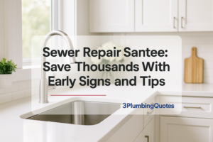 Bold typography design over a bright kitchen photo showcasing plumbing elements. 3PlumbingQuotes.