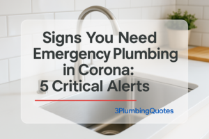 Bold text 'Top 5 Plumbing Tips for Homeowners' over a bright kitchen scene. 3PlumbingQuotes.