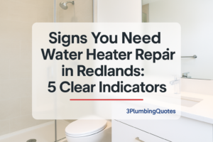 Bold, modern typography design over bright bathroom image with '3PlumbingQuotes' branding, focusing on plumbing services.
