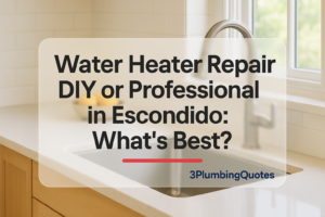 Bold title 'Top Tips for Choosing the Right Plumbing Services' over a vibrant kitchen image. 3PlumbingQuotes.