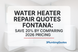 Bold typography design with blog title over vibrant bathroom photo, promoting plumbing services from 3PlumbingQuotes.