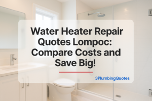 Bold text displaying blog title over a modern bathroom with a walk-in shower. Image by 3PlumbingQuotes.
