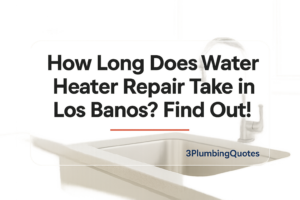 A clean, bold typography design over a bright kitchen photo, featuring 3PlumbingQuotes as brand text.